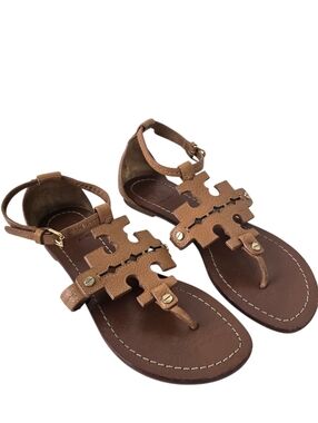 Tory Burch Phoebe Flat Thong Leather Sandals 6M Royal Tan Brown Neutral Summer